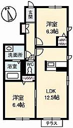 JR山陽本線 福山駅 5kmの賃貸アパート 1階2LDKの間取り