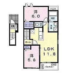 JR福塩線 万能倉駅 徒歩10分の賃貸アパート 2階2LDKの間取り