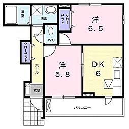 JR福塩線 道上駅 3.9kmの賃貸アパート 1階2DKの間取り