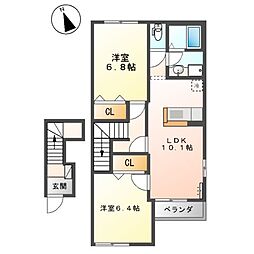 ディアたちばな 2階2LDKの間取り
