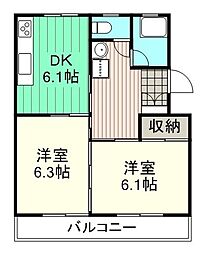JR山陽本線 松永駅 徒歩9分の賃貸マンション 2階2DKの間取り