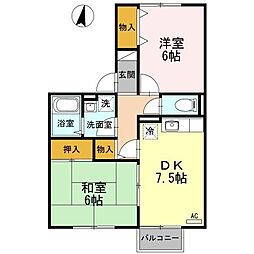 JR山陽本線 東福山駅 徒歩27分の賃貸アパート 1階2DKの間取り