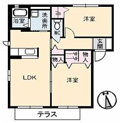 JR福塩線 駅家駅 徒歩10分の賃貸アパート 1階2LDKの間取り