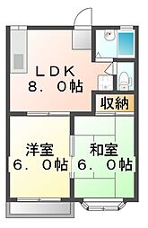 JR山陽本線 東福山駅 3.1kmの賃貸アパート 2階2DKの間取り