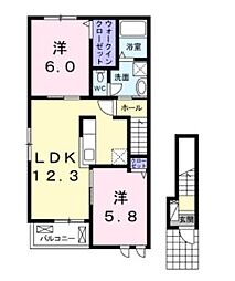 JR山陽本線 福山駅 4.1kmの賃貸アパート 2階2LDKの間取り