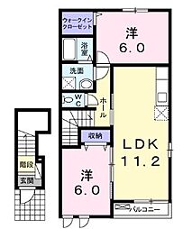 JR福塩線 万能倉駅 バス35分 下加茂下車 徒歩6分の賃貸アパート 2階2LDKの間取り