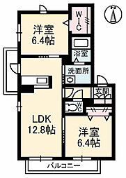 JR福塩線 万能倉駅 徒歩16分の賃貸マンション 2階2LDKの間取り