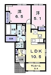 JR福塩線 備後本庄駅 徒歩15分の賃貸アパート 1階2LDKの間取り