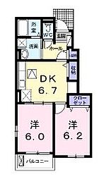 JR福塩線 神辺駅 徒歩15分の賃貸アパート 1階2DKの間取り