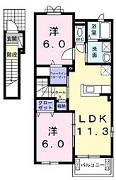 JR福塩線 万能倉駅 徒歩10分の賃貸アパート 2階2LDKの間取り