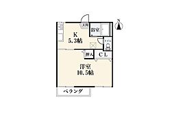 コーポ植木 2階1Kの間取り