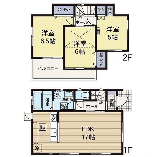 【間取図】3LDK+ロフト、リビング17帖、各居室収納