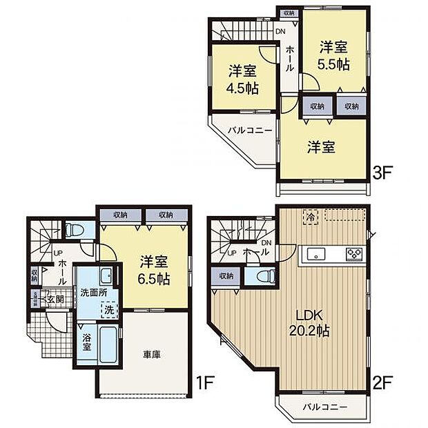 【間取図】20.2帖のLDKと洋室4室を配したプラン、ビルトインガレージ付きの3階建て新築戸建です。