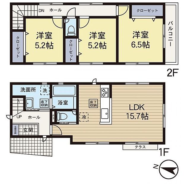 【間取図】15.7帖のLDKと洋室3室、収納充実のプランが家族時間の充実とプライベートも大切にしてくれる。