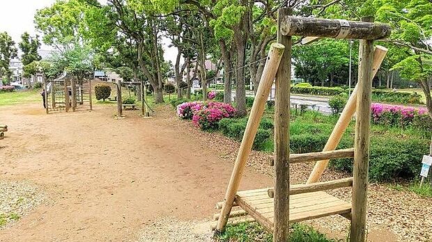 東初石2号緑地(わんぱく公園)すべり台、丸太ジャングル、ロープウエイ、ネットクライム等々、遊具が豊富に揃った公園です。からだを使ってのびのびと遊ぶことができますよ! 350m