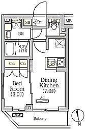 ＡＲＫＭＡＲＫ南品川 2階1DKの間取り
