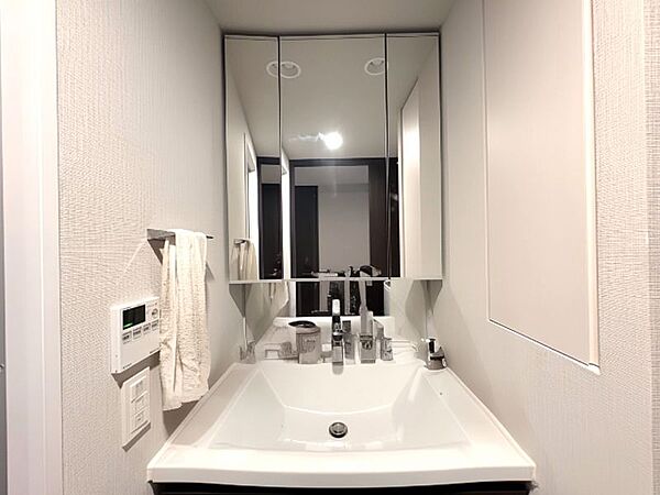 洗面台の横にリネン庫が備えてあり、洗面用品やタオルを収納できます！