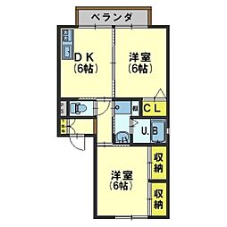 テルース西金沢 2DKの間取図画像