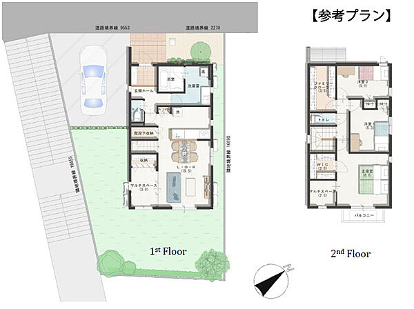 【建物参考プラン】建物延床面積105.86平米。建物本体価格2831.7万円（別途諸 費用外構等）