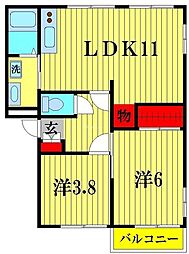 サンモール南流山Ｂ棟 2階2LDKの間取り