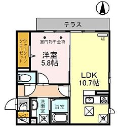 オークリーフ三郷　A 1階1LDKの間取り