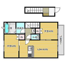 リュッケ御立中 2階2LDKの間取り
