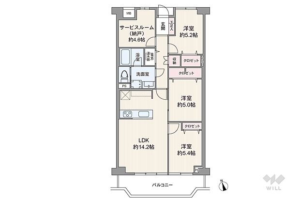 間取りは専有面積80.27平米の3SLDK。LDKに隣接した個室2部屋は、子供部屋にすればリビングで顔を合わせやすくなります。バルコニー面積は、LDKと洋室から出入り出来ます。