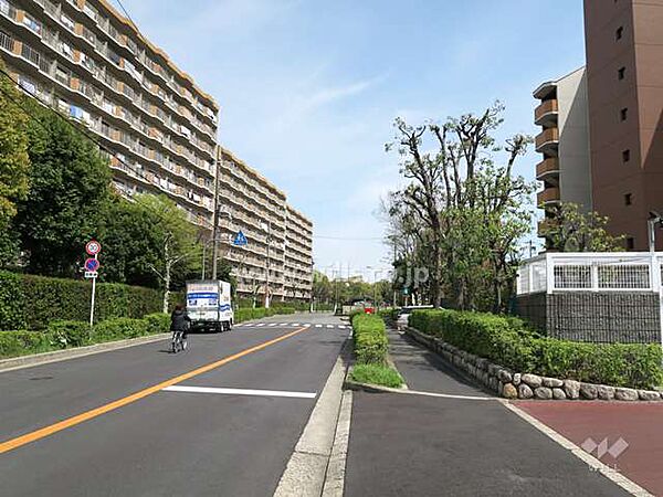 敷地北側の前面道路。周辺はマンションや一戸建てが立ち並ぶ区画が整った住宅地です。マンション敷地内には植栽が整えられており、日常的に緑を感じられる住環境！