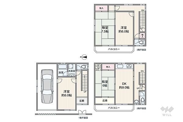 間取りは延床面積128.87平米（車庫面積約15平米含む※概算）の4DK。2階リビングのプラン。全居室6帖以上の広さを確保！フレキシブルにお使いいただける間取りです！