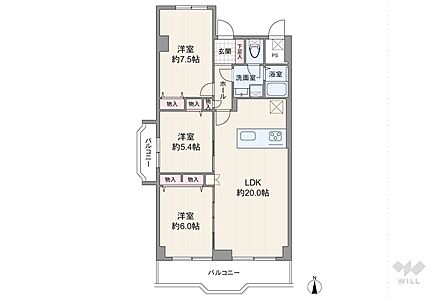 間取りは専有面積85.71平米の3LDK。LDK約20.0帖の縦長リビングのプラン。複数方向に採光部があり、バルコニー面積は12.62平米です。洋室2部屋はLDKと隣接しています!