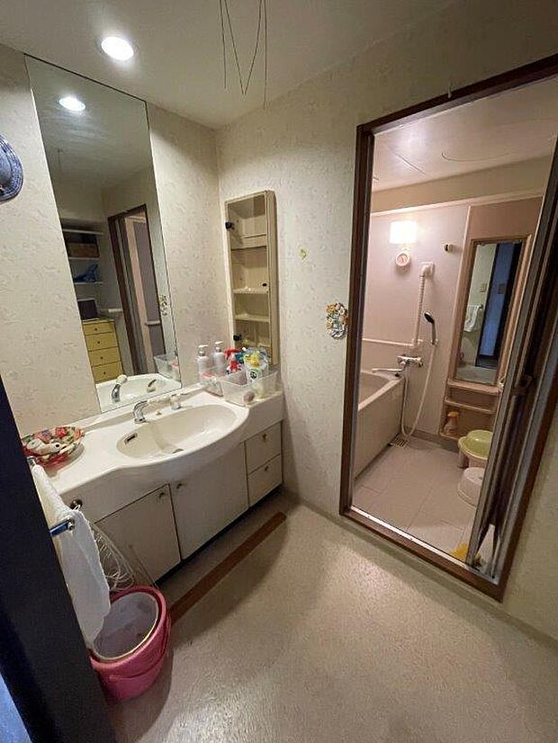 大きな鏡が魅力的な洗面台です。シャワーノズルは伸ばす事ができるので毎日のお手入れ楽チンです。　