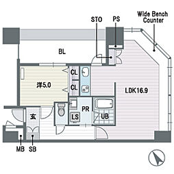 KDXレジデンス大濠ハーバービュータワー 1LDKの間取図画像