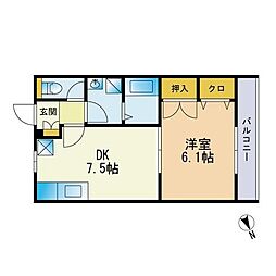 ヴァンベール西長住B 1DKの間取図画像