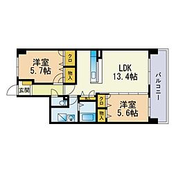 ヴィルヌーブ姪浜 2LDKの間取図画像