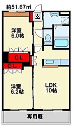 グラシアス 1階2LDKの間取り