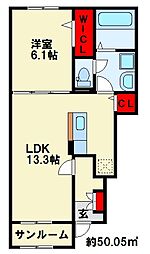 プランタンコートVI 1階1LDKの間取り