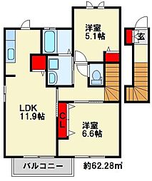 エーアスト湯川B 2LDKの間取図画像