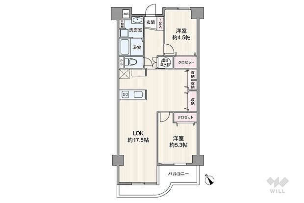 間取りは専有面積65.8平米の2LDK。全居室洋室仕様のプラン。バルコニー側の洋室は、LDKから出入りする造りです。個室だけでなく、LDK内にも収納スペースが充実。バルコニー面積は6.85平米です。