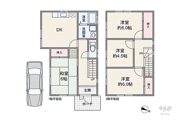 間取りは延床面積94平米の4DK。水回りが近くに集まった炊事・洗濯の家事動線に優れたプラン。和室は玄関から他の居室を通らずにアクセスできるため、客間としても利用しやすい部屋です。