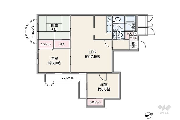 75.74平米の3LDK。バルコニーは2面あり、全居室がバルコニーに面しています（面積は10.26平米）。LDKと個室2部屋が続き間で、シーンに合わせて間取りのアレンジがしやすいのもポイントです。