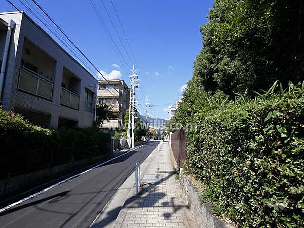 敷地東側の前面道路。敷地の南東方向に親王塚があります。