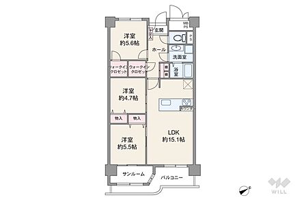 間取りは専有面積75.89平米の3LDK。LDK約15.1帖のプラン。バルコニー面積は8.20平米です。