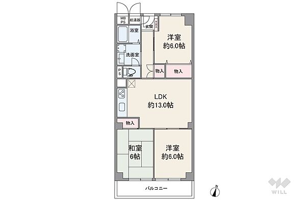 間取りは専有面積68.75平米の3LDK。バルコニー面積は6.60平米です。3階の南向きで採光良好、前面に棟がなく風通しも良好です。