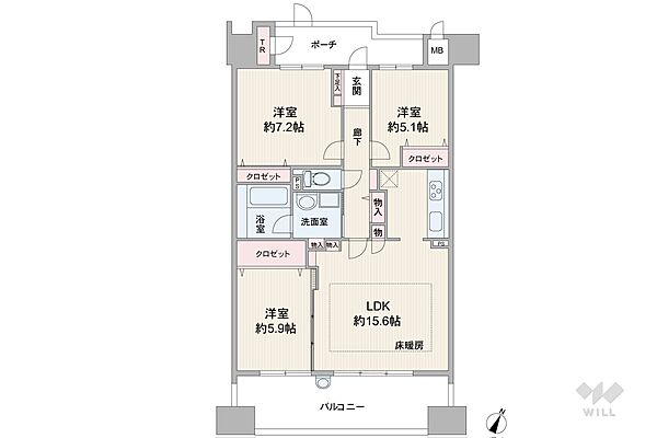 間取りは専有面積75.6平米の3LDK。LDK約15.6帖の縦長リビングのプラン。バルコニー面積は14.4平米です。