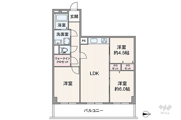 間取りは専有面積68.72平米の3LDK。居室3部屋がバルコニーに面したセンターリビングのプラン。バルコニー面積は12.6平米です。バルコニーは東向きとなっております。