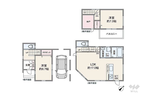 間取りは延床面積92.9平米の2LDK+N。2階リビングのプラン。1階と3階に居室がございます。LDKは約17帖で、広々としております。カウンターキッチン、納戸等が魅力的です。
