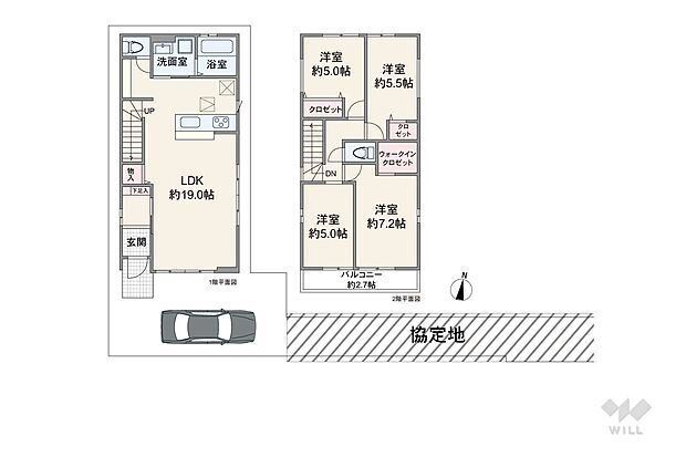 間取りは延床面積99.57平米。2階建ての4LDK。2024年2月に完成済の新築戸建です。1階にLDKがあり、リビング階段となっております。バルコニーは南向きのため、日当たり通風ともに良好です。