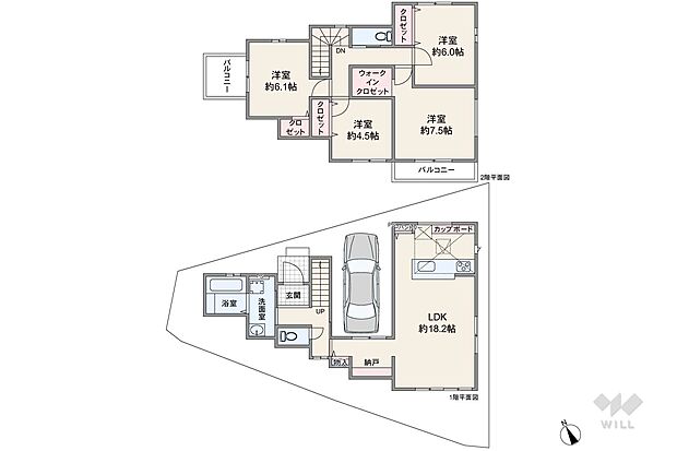 間取りは延床面積111.16平米の4LDK。1階にLDKとサニタリー、2階に個室が集約された、各階で用途が分かれているプラン。