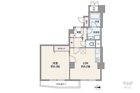 間取りは専有面積42.16平米の1LDK。LDK約9.2帖のプラン。バルコニー面積は4.64平米です。