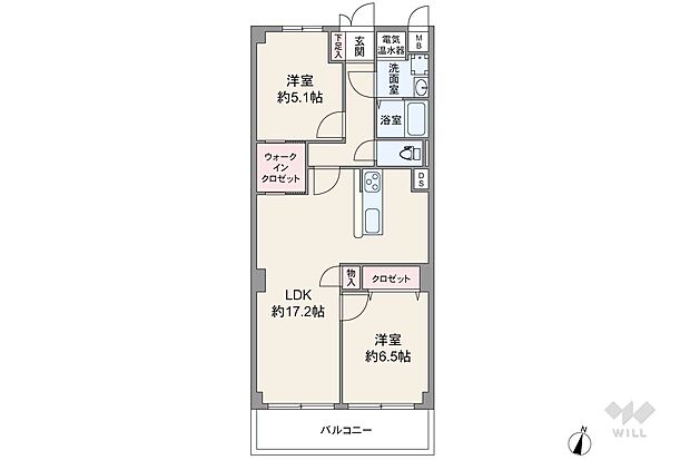 LDKと個室1部屋からアクセスできるウォークスルークロゼット付きのプラン。LDKは約17.2帖の広さがあります。廊下がL字状になっており、玄関先から室内を見通しにくいのも特徴です。